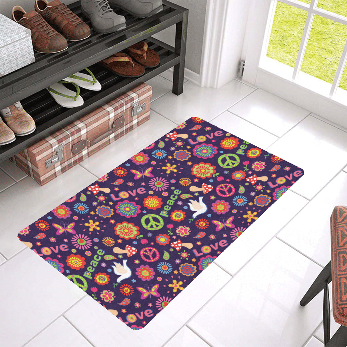 Flower Power Peace Design Print Rubber Doormat