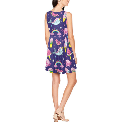 Narwhal Cute Pattern Print Design 02 Sleeveless Dress