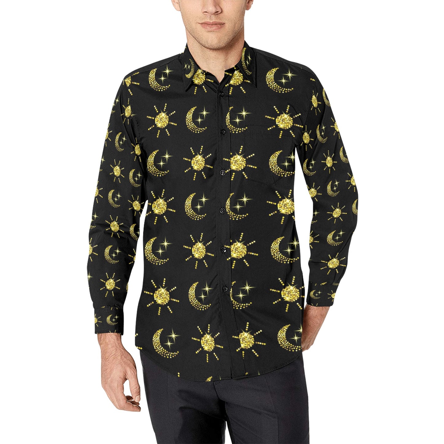 Sun Moon Print Design LKS304 Men's Long Sleeve Dress Shirt