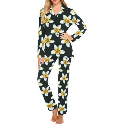 White Plumeria Pattern Print Design PM022 Women's Long Pajama Set
