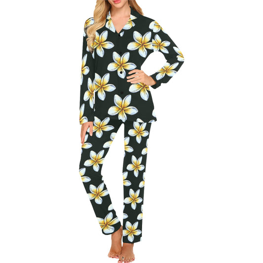 White Plumeria Pattern Print Design PM022 Women's Long Pajama Set