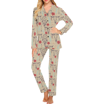Native Buffalo Head Themed Design Print Women's Long Pajama Set