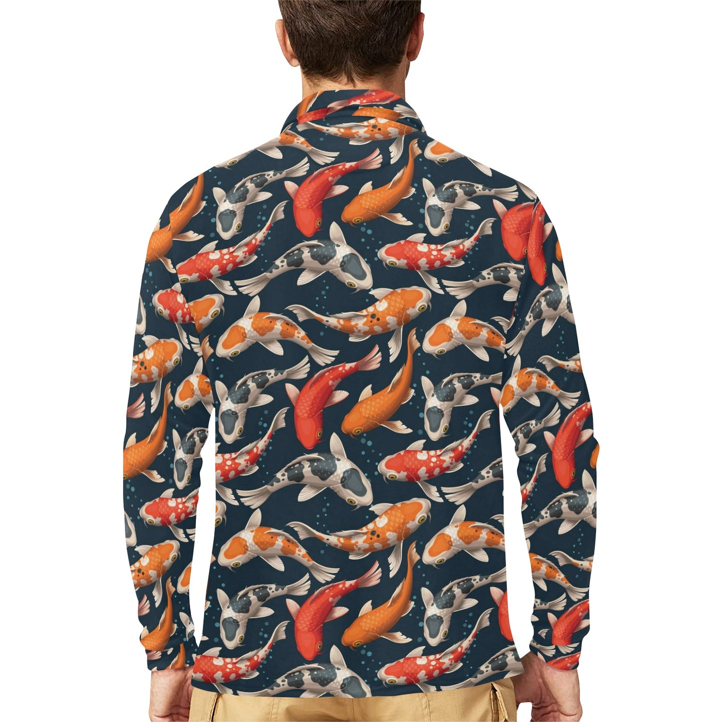 Koi Carp Cute Design Themed Print Long Sleeve Polo Shirt For Men's