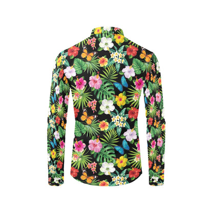 Hibiscus With Butterfly Print Design LKS305 Men's Long Sleeve Dress Shirt