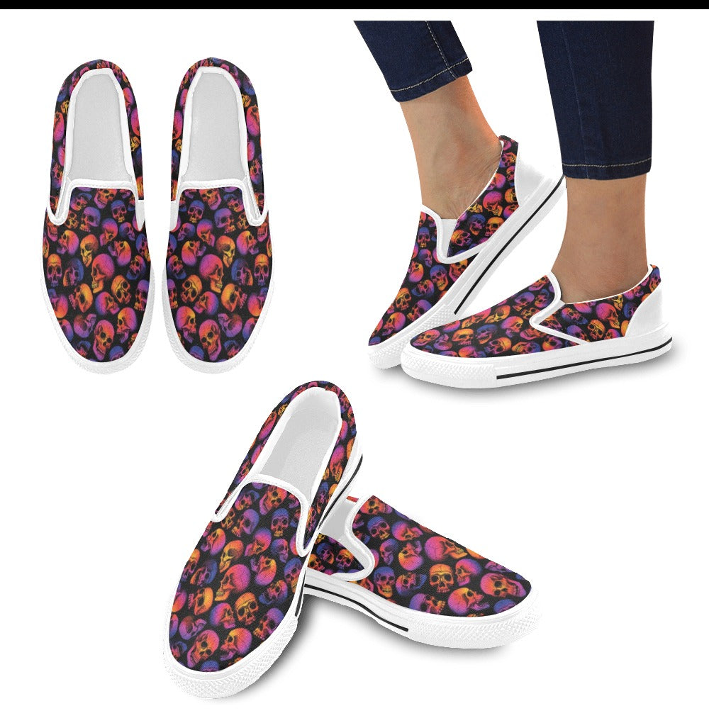 Skull Multicolor Print Design LKS3011 White Slip Ons Canvas Women's Shoes