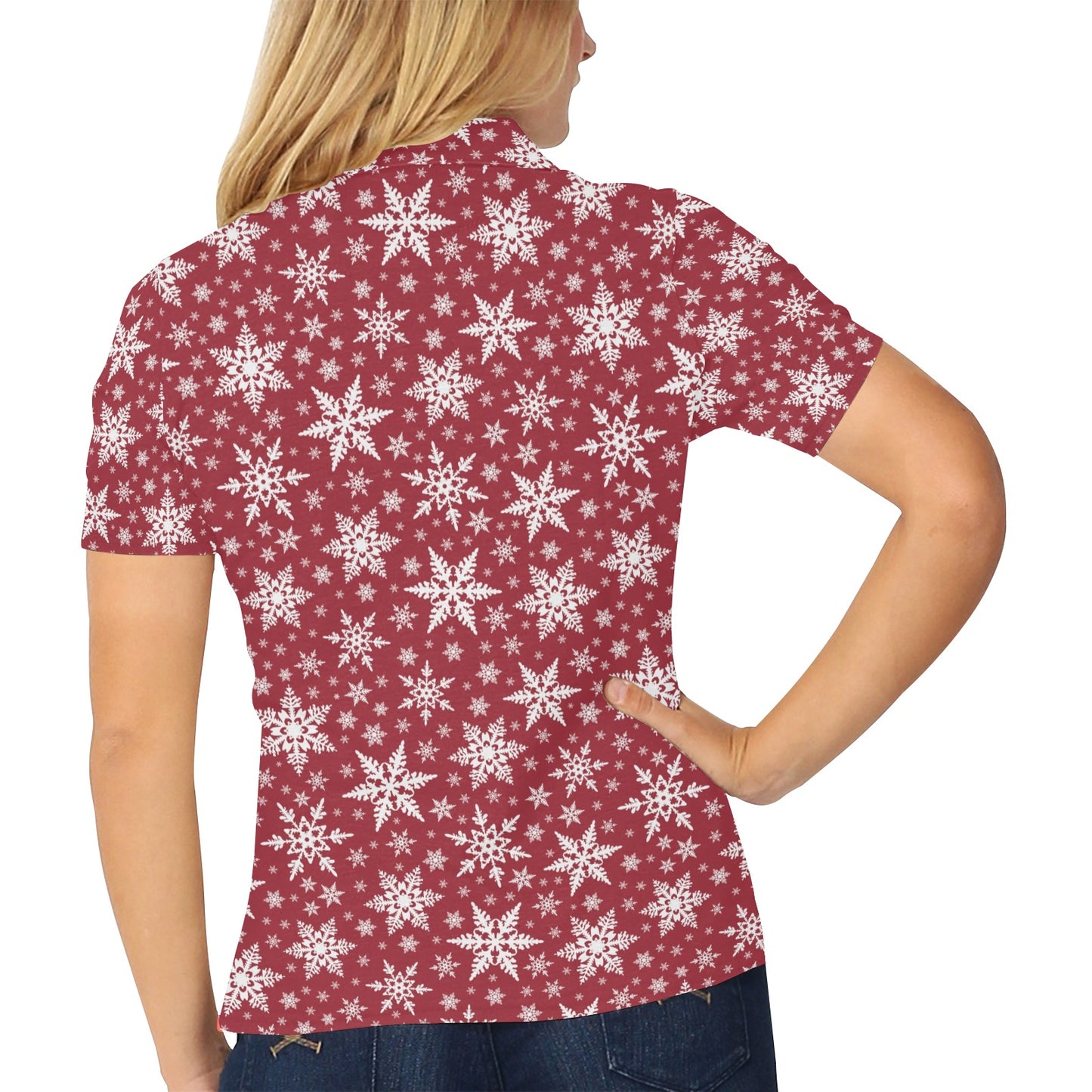 Snowflake Red Print Design LKS302 Women's Polo Shirt
