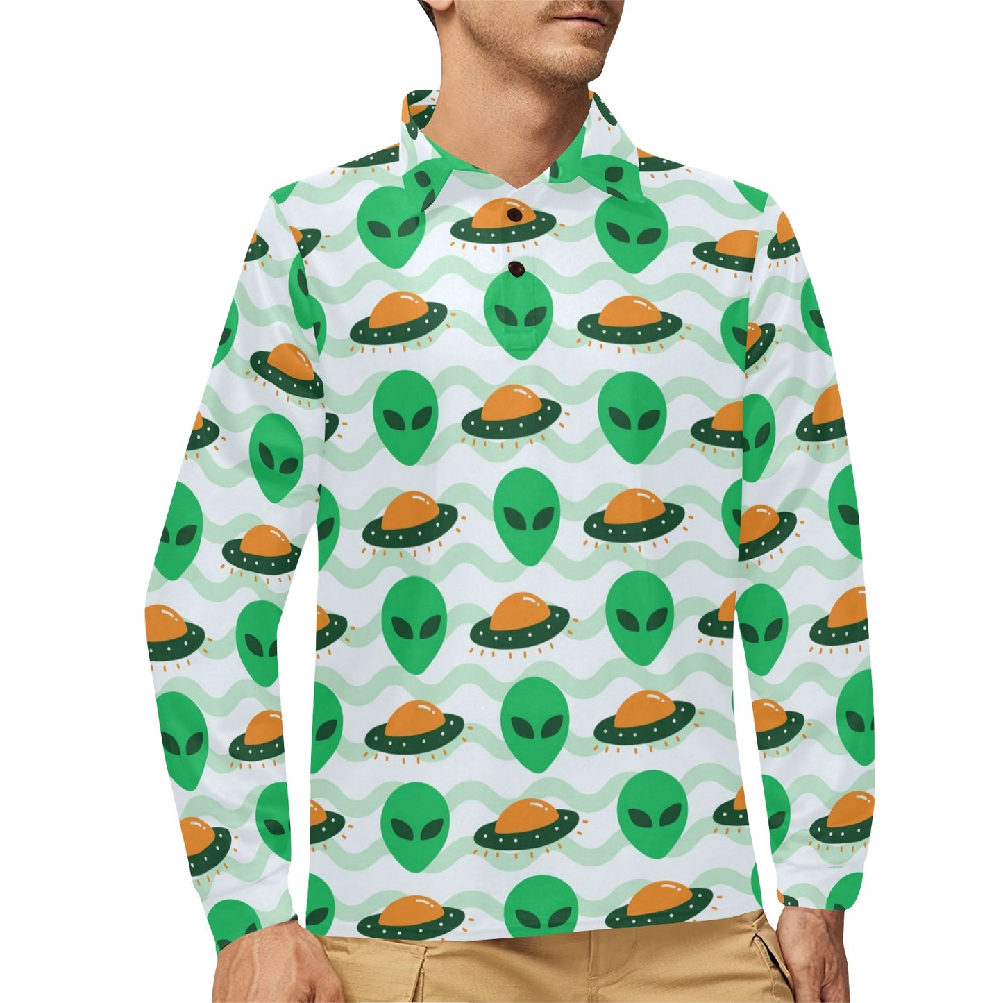 Alien UFO Pattern Print Design 04 Long Sleeve Polo Shirt For Men's
