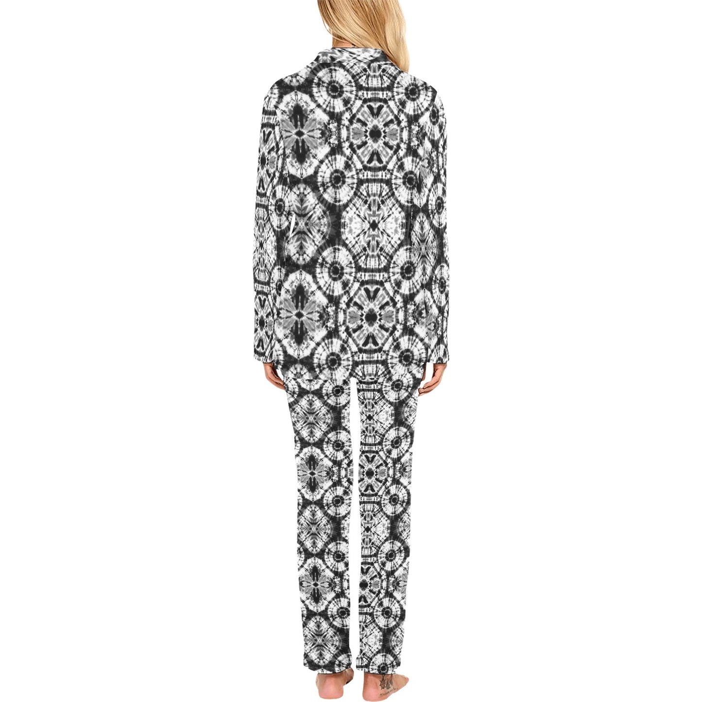 Tie Dye Black White Design Print Women's Long Pajama Set