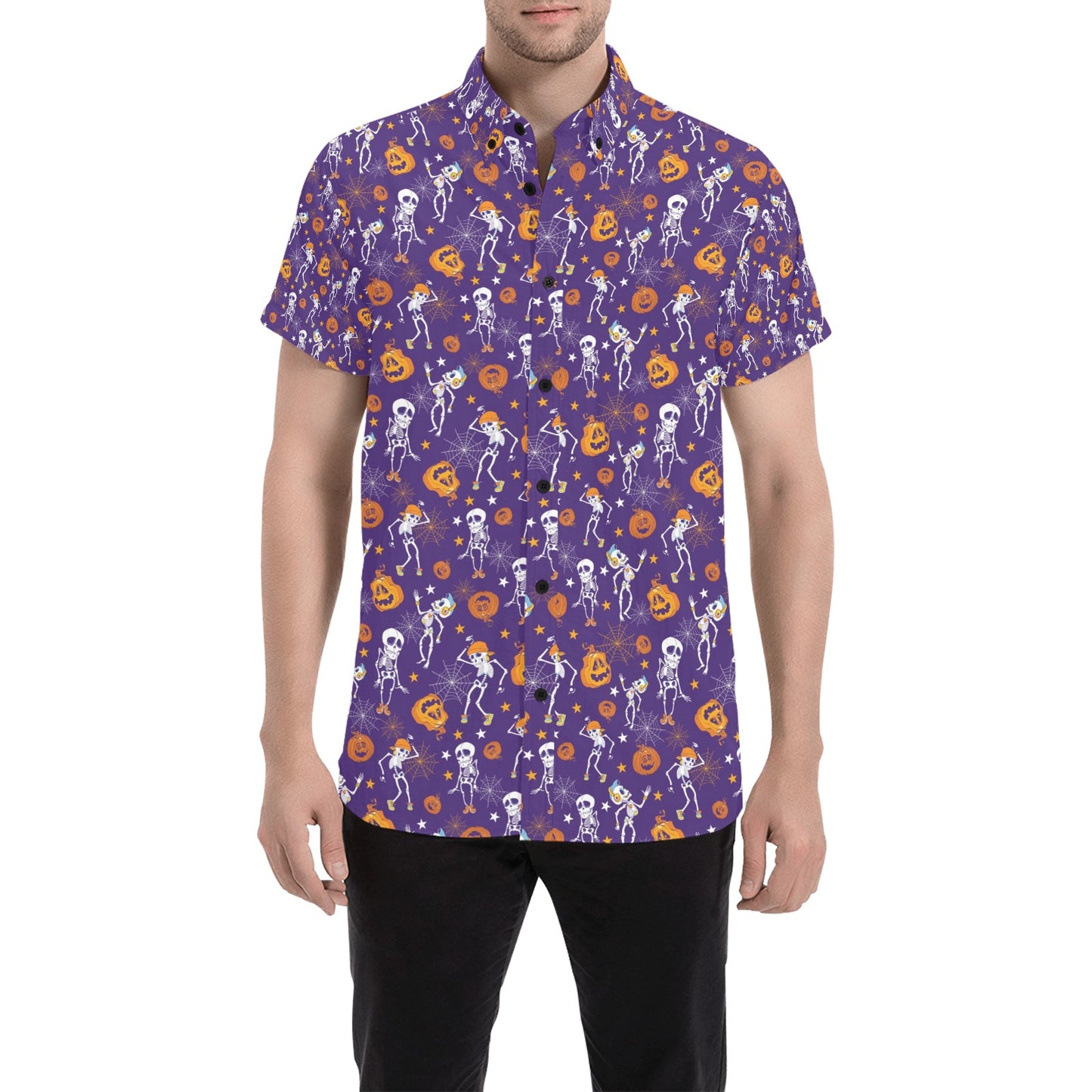 Skeleton Halloween Dance Print Design LKS304 Men Short Sleeve Button Up Shirt