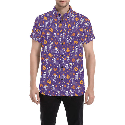 Skeleton Halloween Dance Print Design LKS304 Men Short Sleeve Button Up Shirt