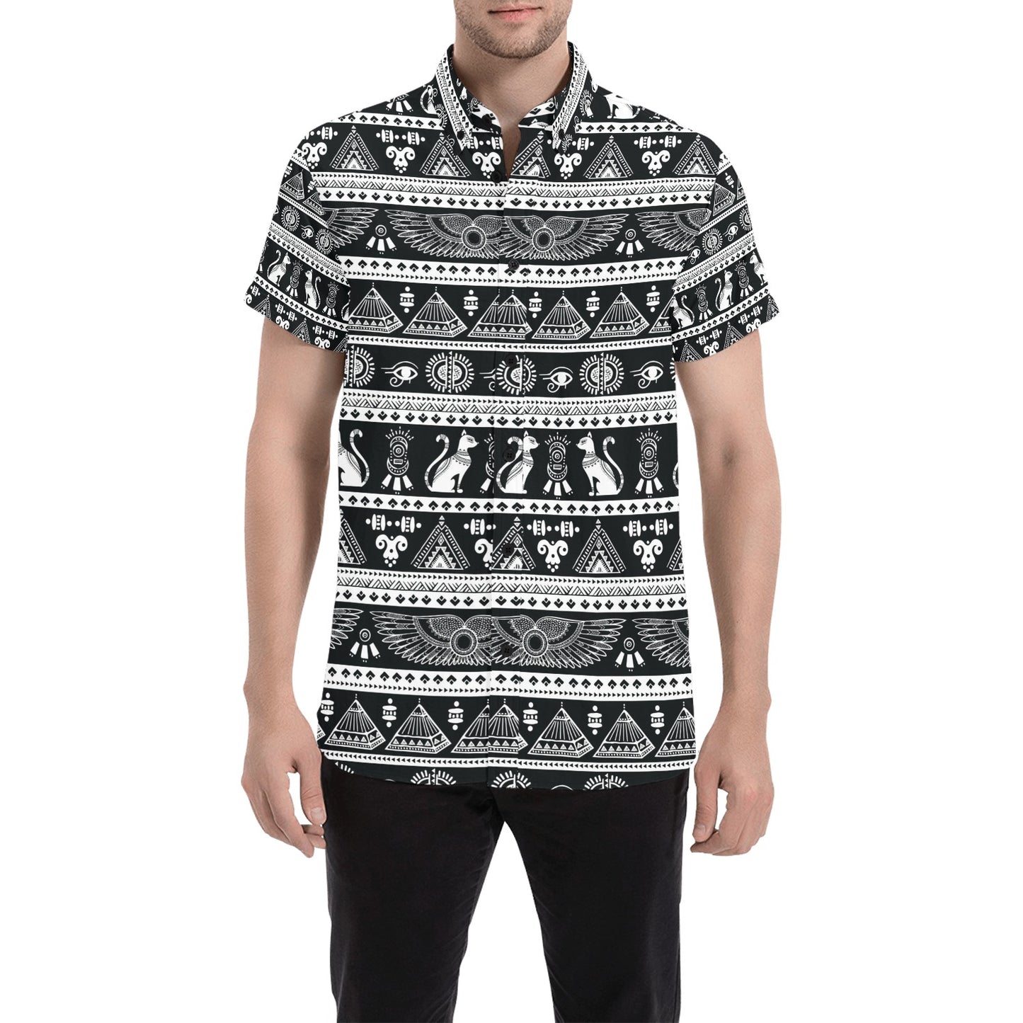 Tribal Pattern Print Design LKS305 Men Short Sleeve Button Up Shirt