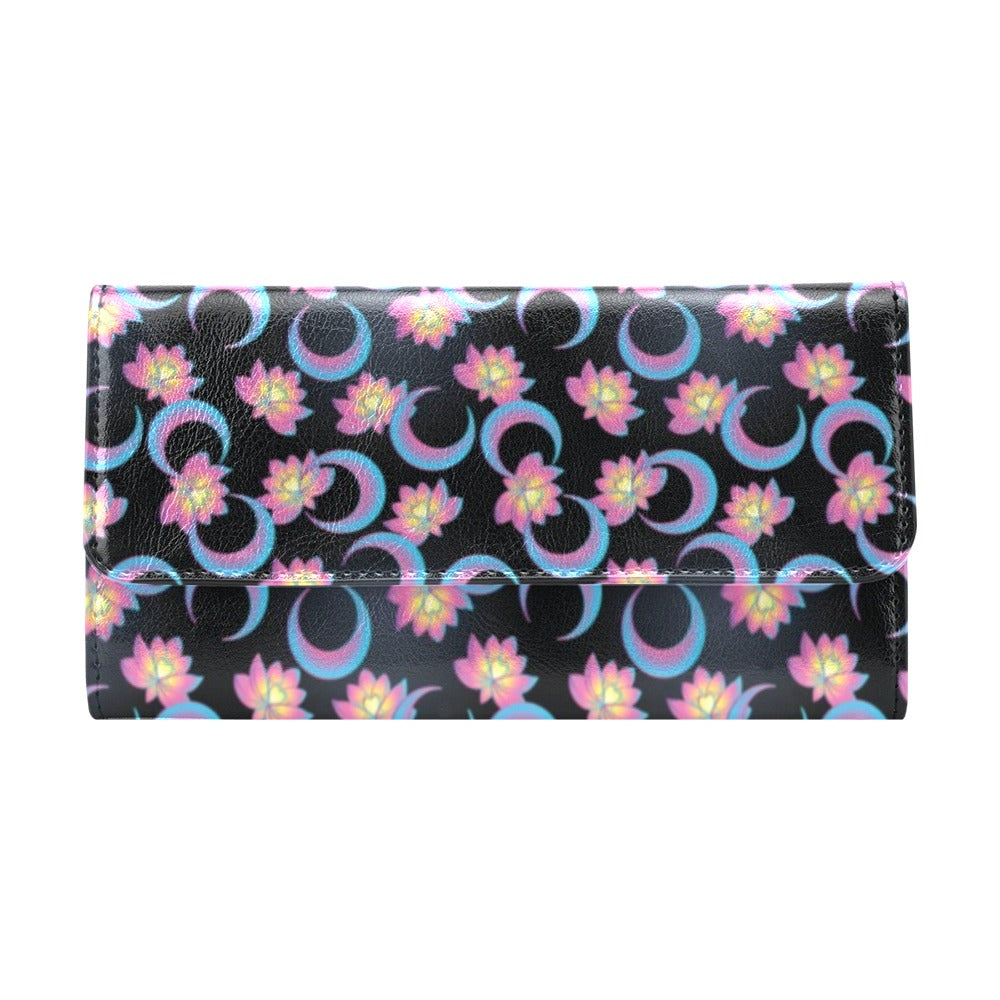 Lotus with Moon Pink Print Themed Women's Trifold Wallet