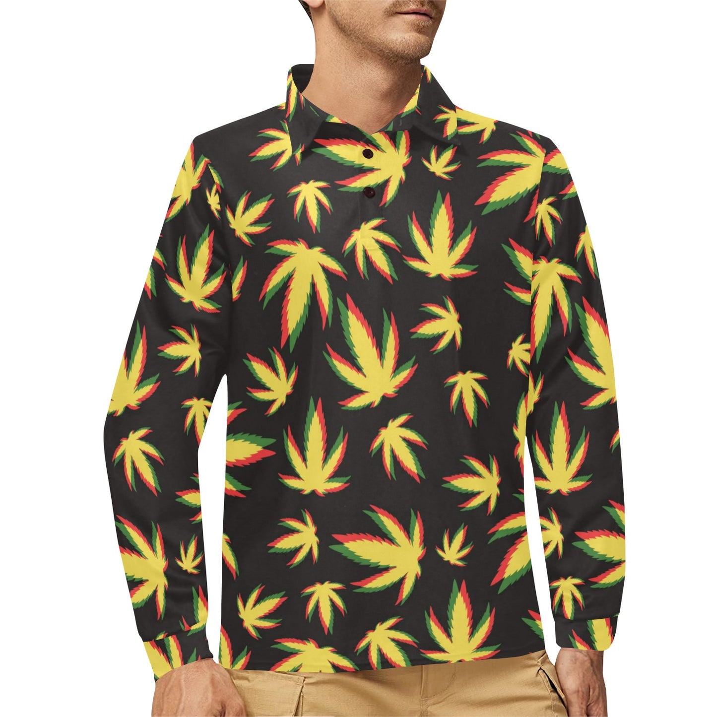 Pot Leaf Pattern Print Design A02 Long Sleeve Polo Shirt For Men's