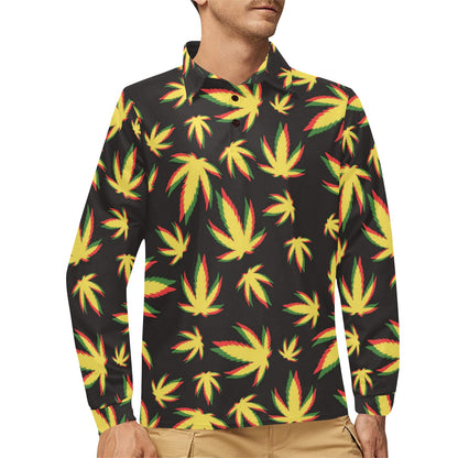 Pot Leaf Pattern Print Design A02 Long Sleeve Polo Shirt For Men's