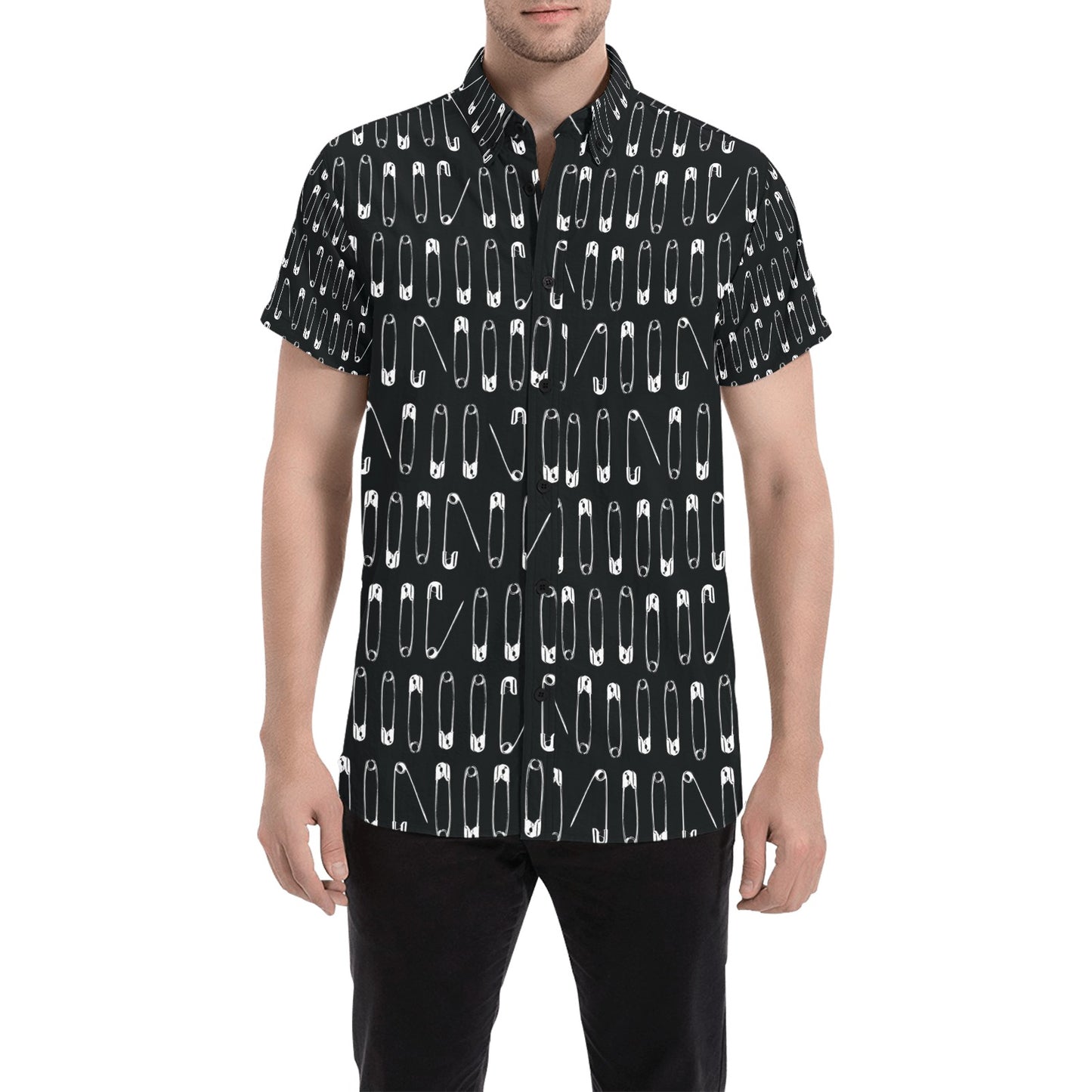 Safety Pin Print Design LKS302 Men Short Sleeve Button Up Shirt
