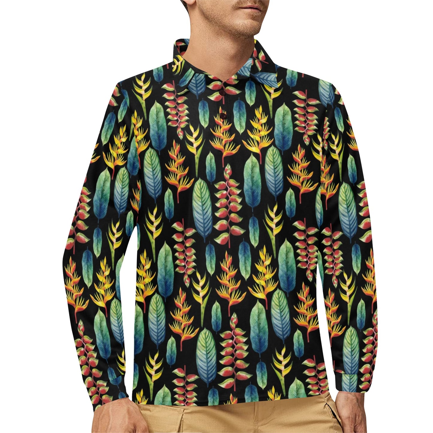 Heliconia Pattern Print Design HL03 Long Sleeve Polo Shirt For Men's