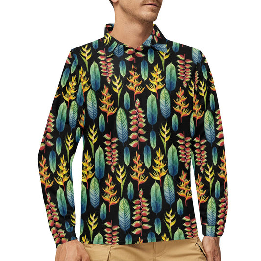 Heliconia Pattern Print Design HL03 Long Sleeve Polo Shirt For Men's