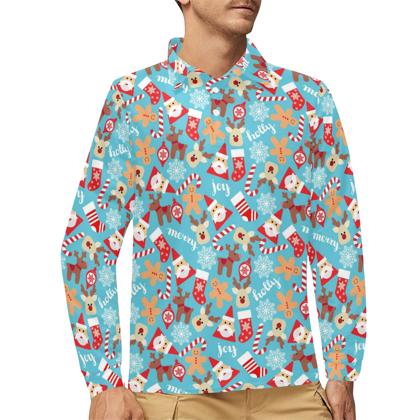 Santa Christmas Themed Print Design LKS306 Long Sleeve Polo Shirt For Men's