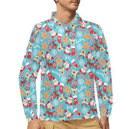 Santa Christmas Themed Print Design LKS306 Long Sleeve Polo Shirt For Men's