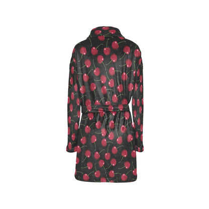Cherry Black Background Women's Fleece Robe