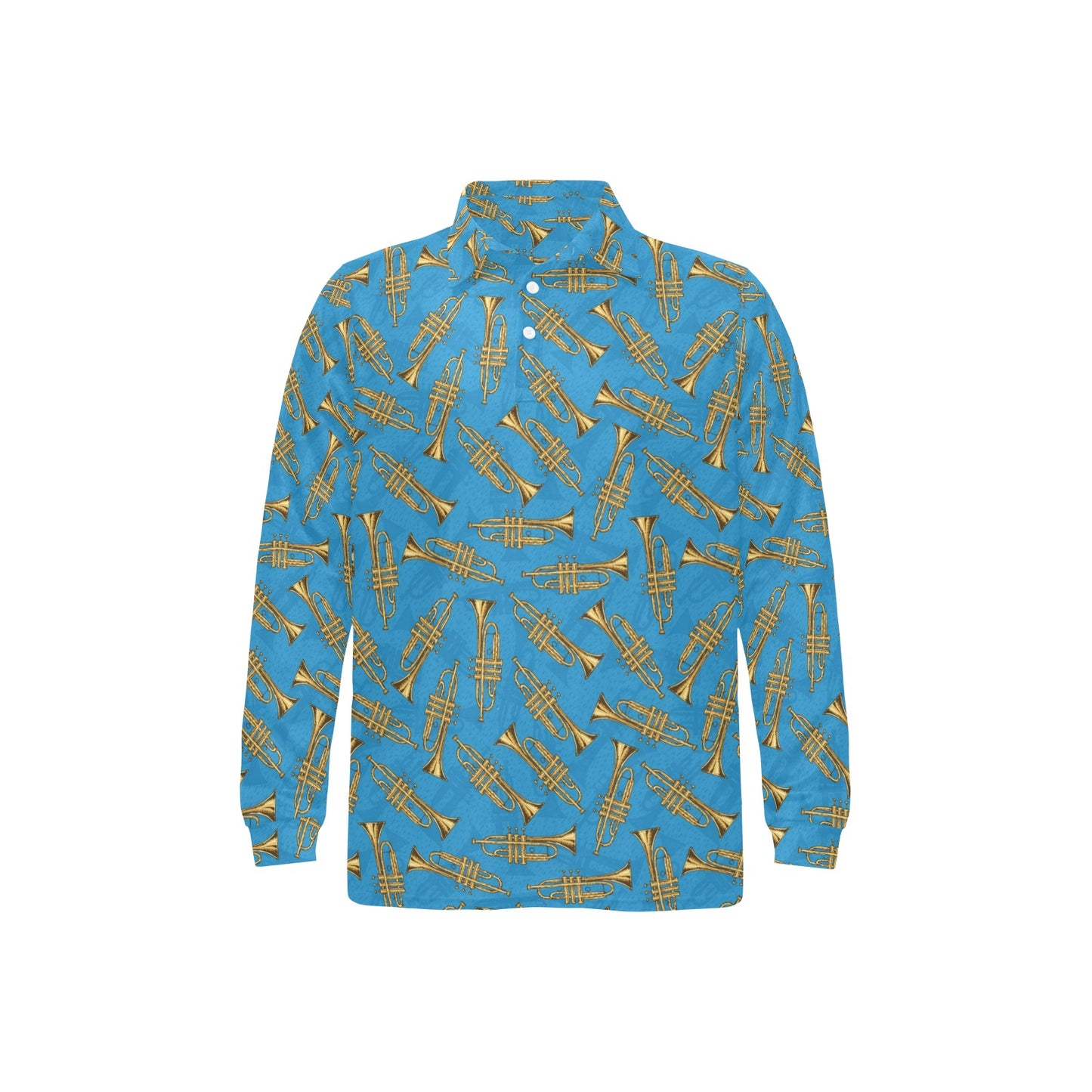 Trumpet Golden Pattern Themed Print Long Sleeve Polo Shirt For Men's