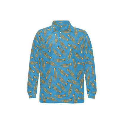 Trumpet Golden Pattern Themed Print Long Sleeve Polo Shirt For Men's