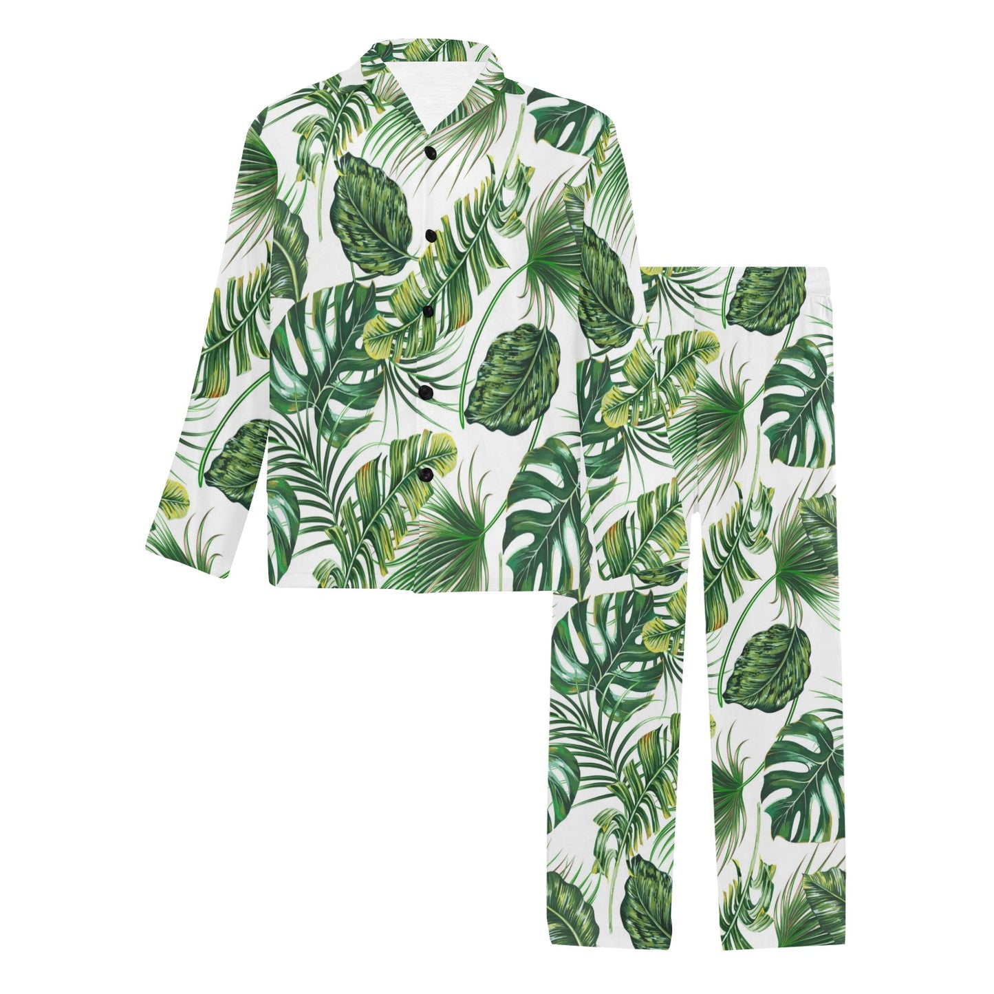 Green Pattern Tropical Palm Leaves Men's Long Pajama Set