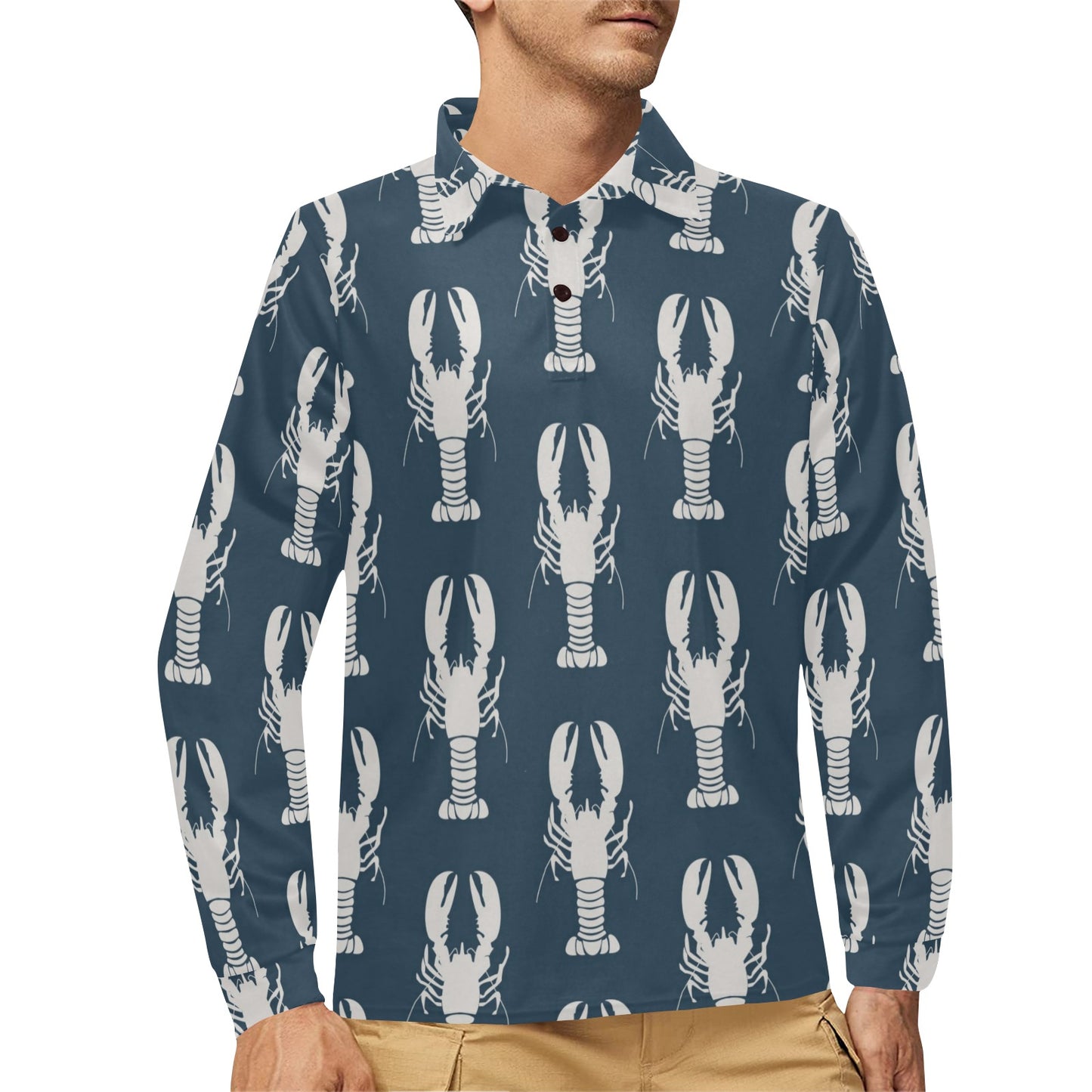 Lobster Pattern Print Design 02 Long Sleeve Polo Shirt For Men's