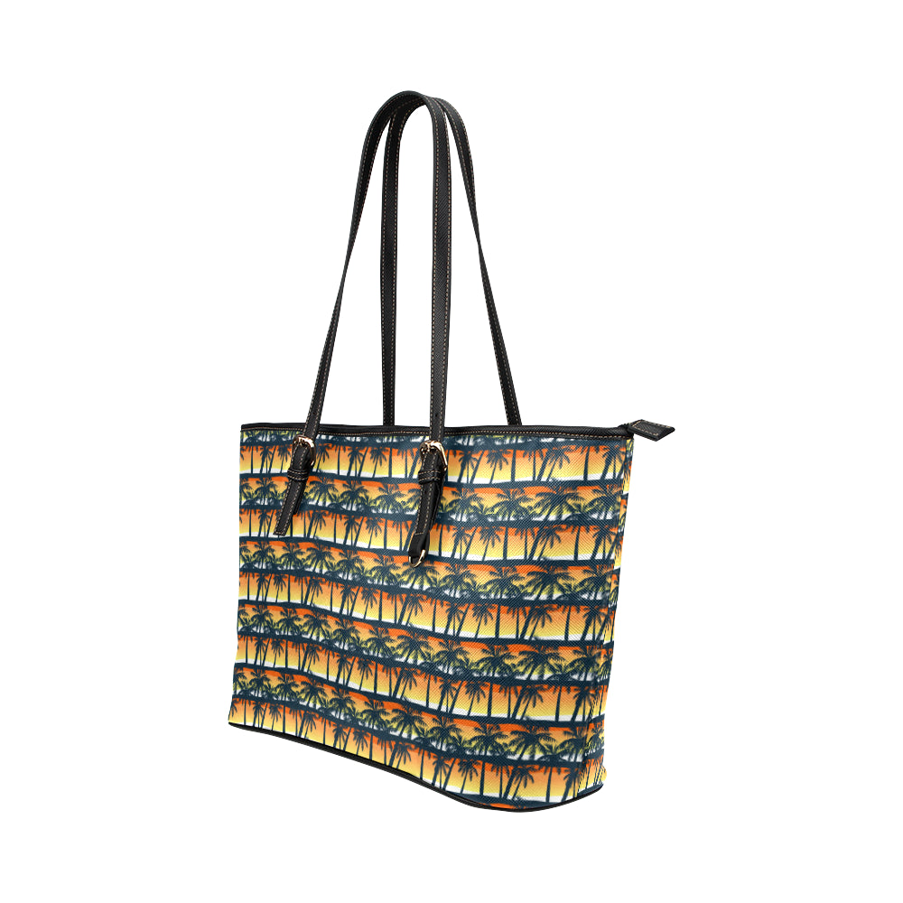 Palm Tree Sunset Design Print Leather Tote Bag