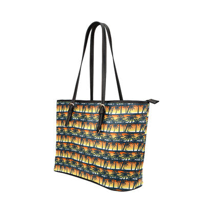 Palm Tree Sunset Design Print Leather Tote Bag