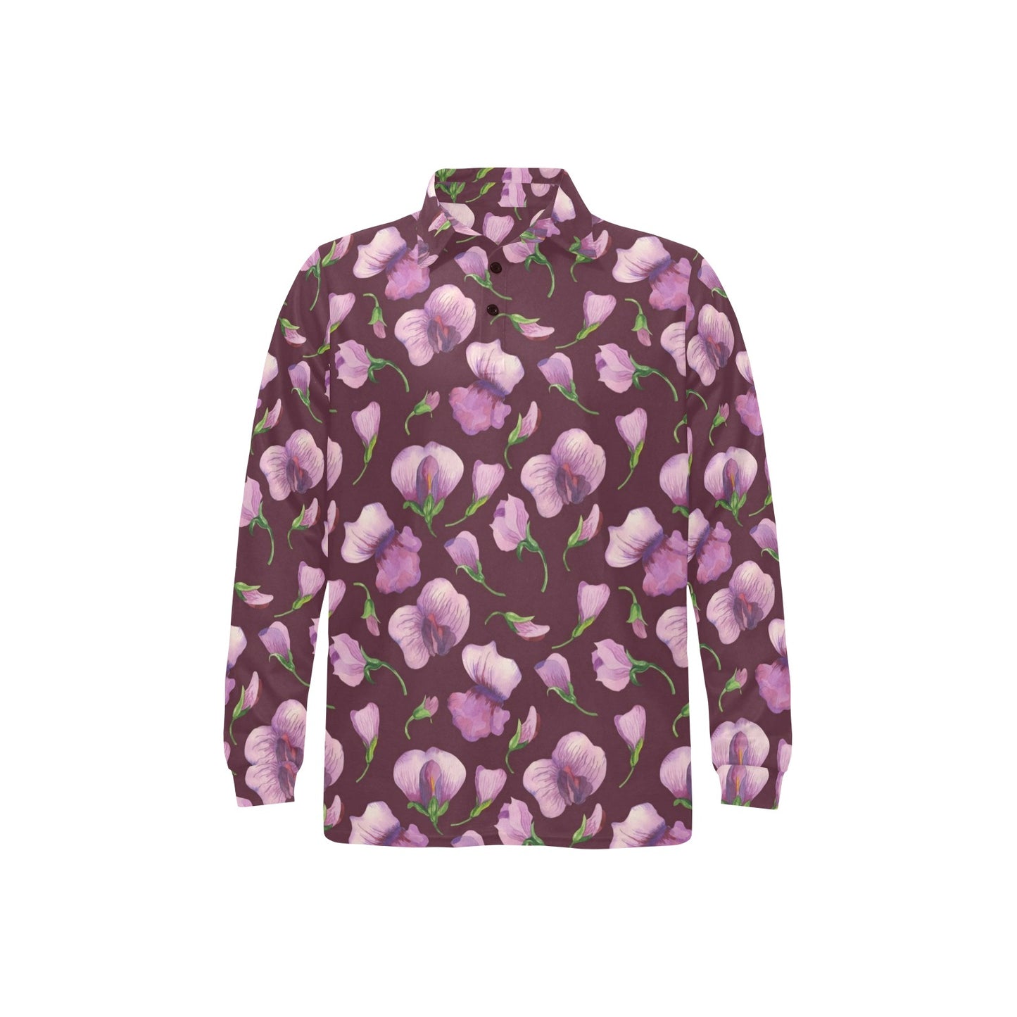 Peony Pattern Print Design PE010 Long Sleeve Polo Shirt For Men's