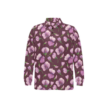 Peony Pattern Print Design PE010 Long Sleeve Polo Shirt For Men's