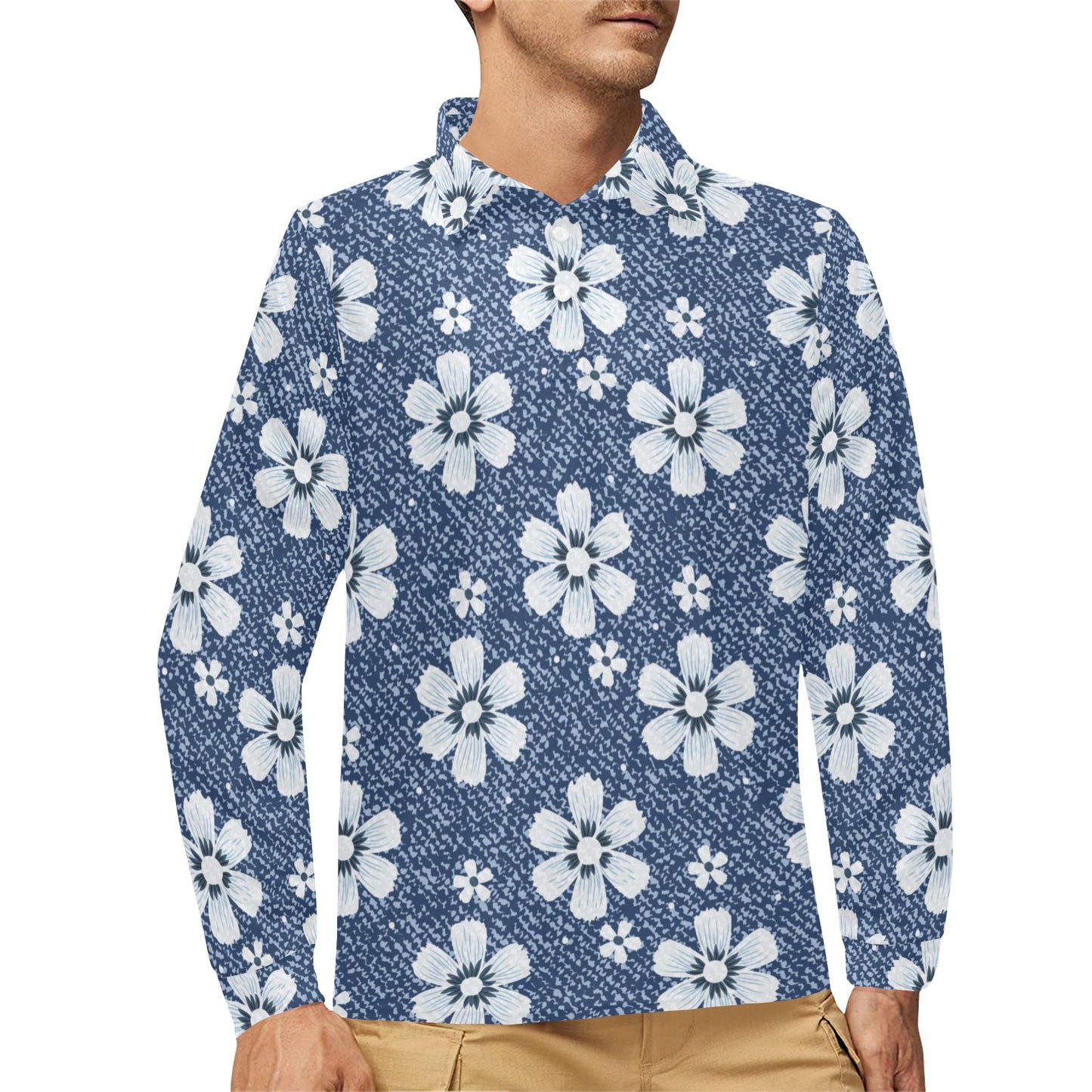 Jean Flower Pattern Print Design 03 Long Sleeve Polo Shirt For Men's