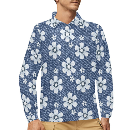 Jean Flower Pattern Print Design 03 Long Sleeve Polo Shirt For Men's
