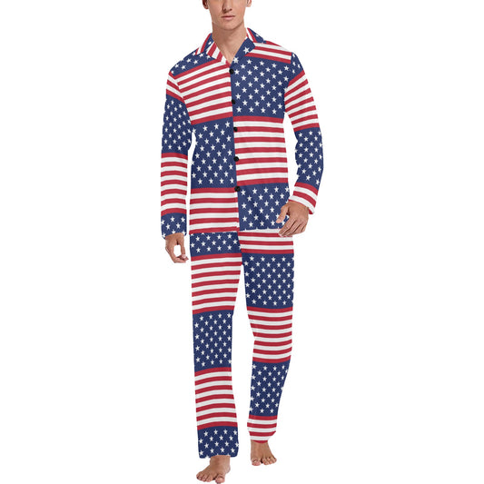 Patriotic US Flag Pattern Print Design A03 Men's Long Pajama Set