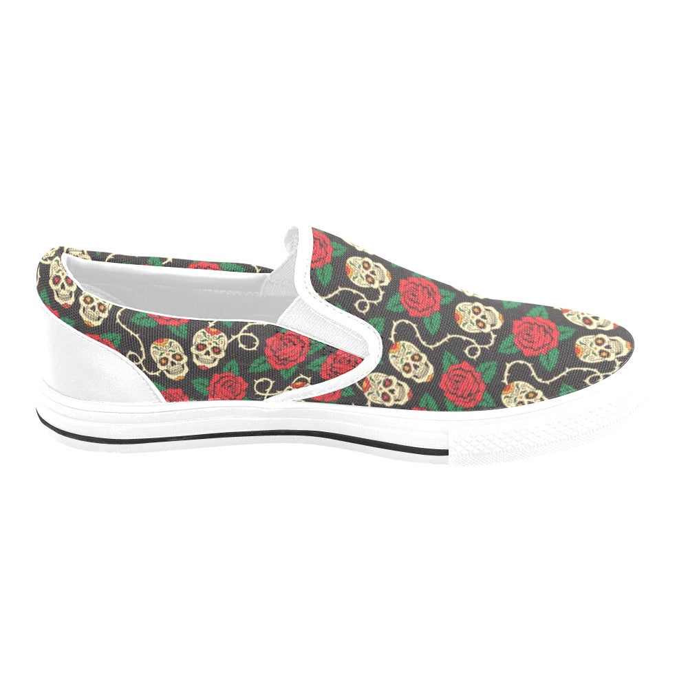 Sugar Skull Red Rose Print Design LKS301 White Slip Ons Canvas Women's Shoes