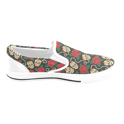Sugar Skull Red Rose Print Design LKS301 White Slip Ons Canvas Women's Shoes