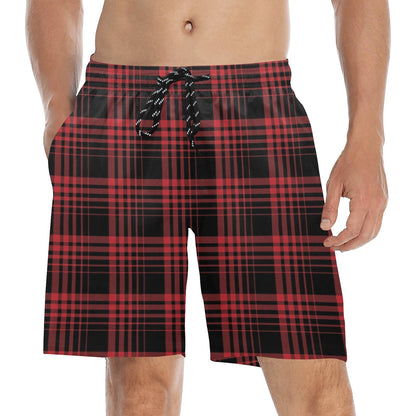 Tartan Red Black Print Design LKS303 Men's Swim Trunks Beach Shorts