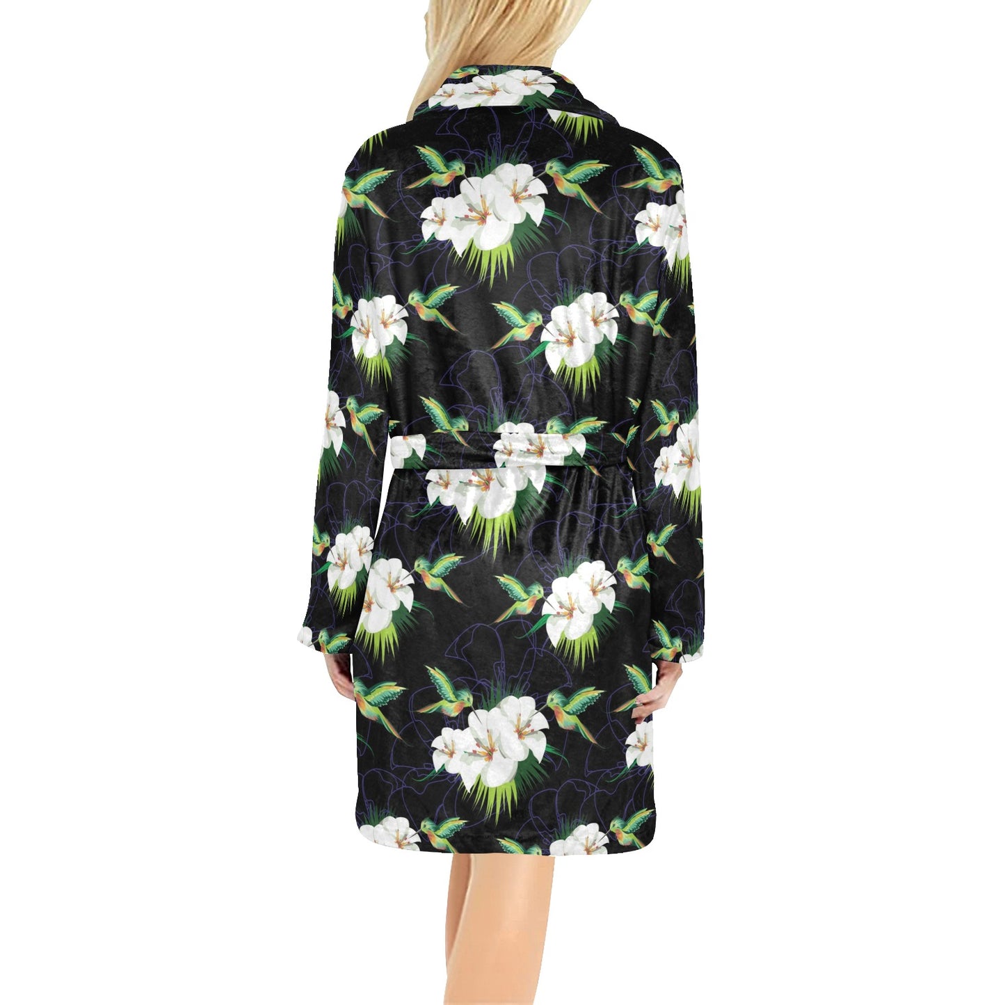 Hummingbird with Flower Pattern Print Design 03 Women's Fleece Robe
