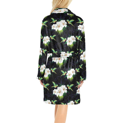 Hummingbird with Flower Pattern Print Design 03 Women's Fleece Robe
