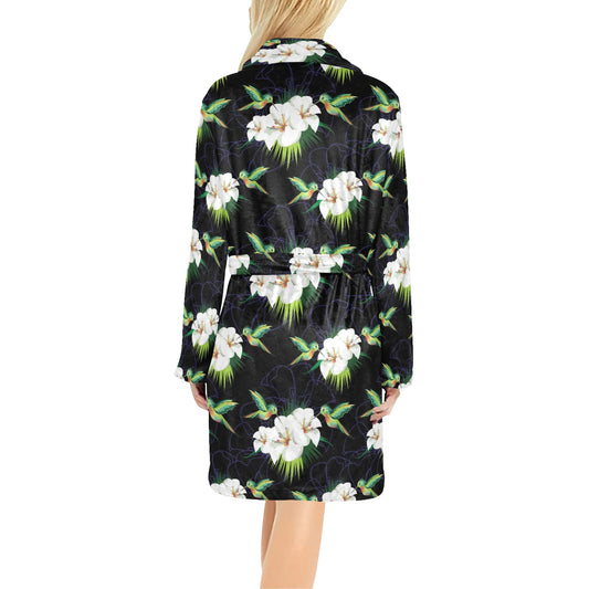 Hummingbird with Flower Pattern Print Design 03 Women's Fleece Robe