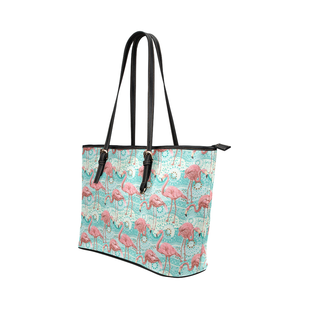 Flamingo Background Themed Print Leather Tote Bag