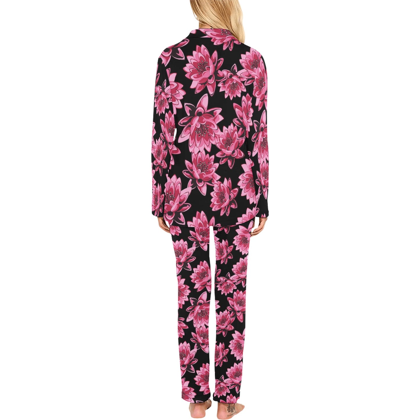 Lotus Pattern Print Design 03 Women's Long Pajama Set
