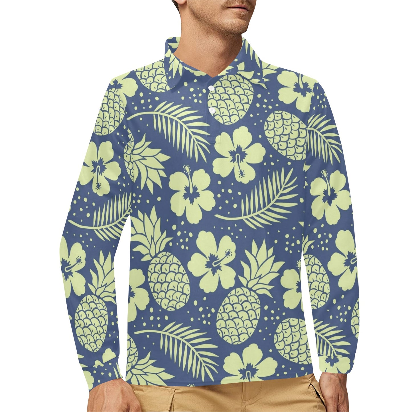 Pineapple Pattern Print Design PP07 Long Sleeve Polo Shirt For Men's