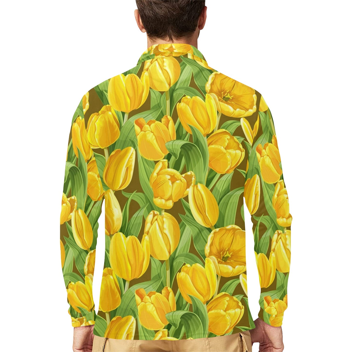 Tulip Yellow Pattern Print Design TP010 Long Sleeve Polo Shirt For Men's
