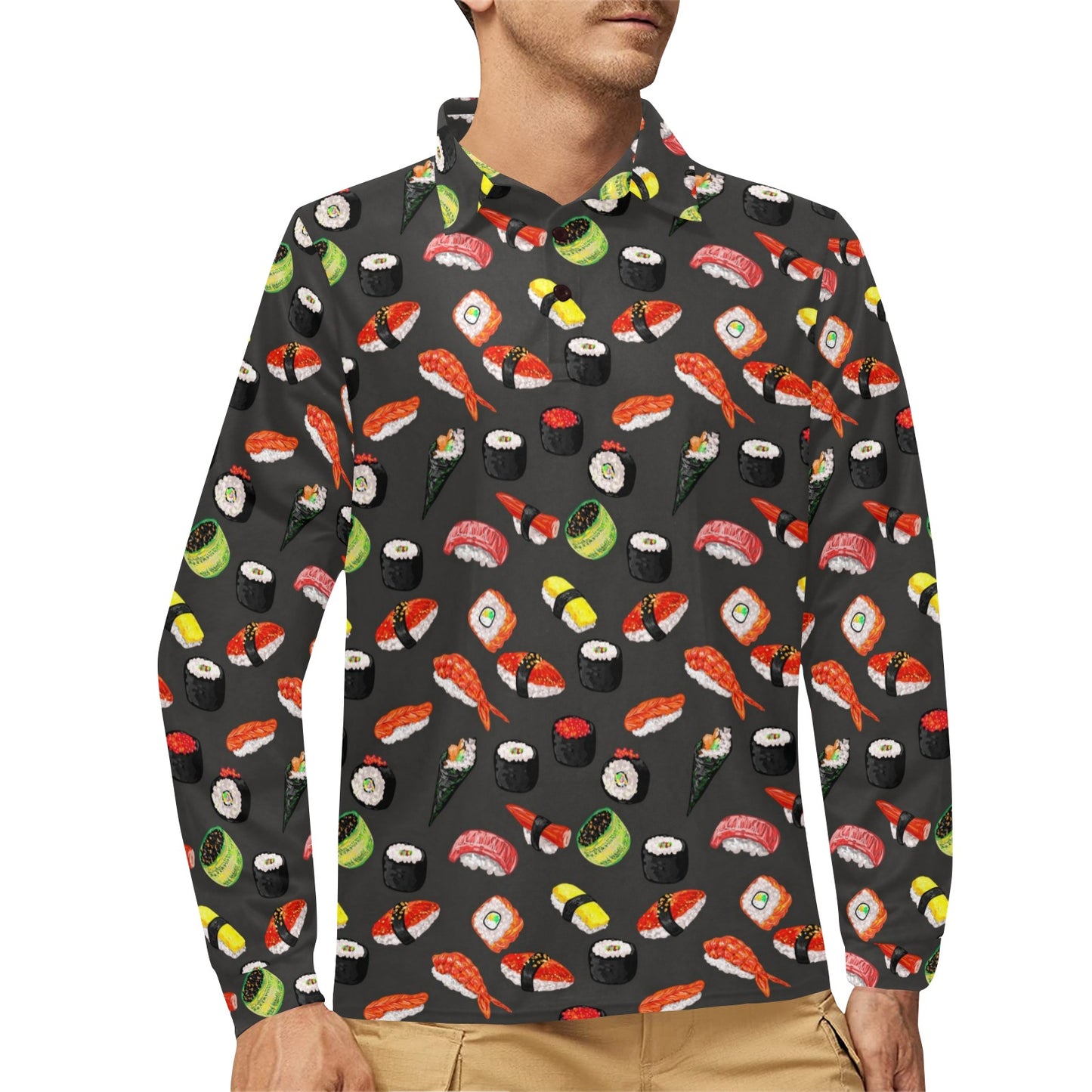 Sushi Design Print Long Sleeve Polo Shirt For Men's