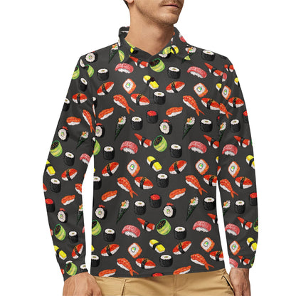 Sushi Design Print Long Sleeve Polo Shirt For Men's