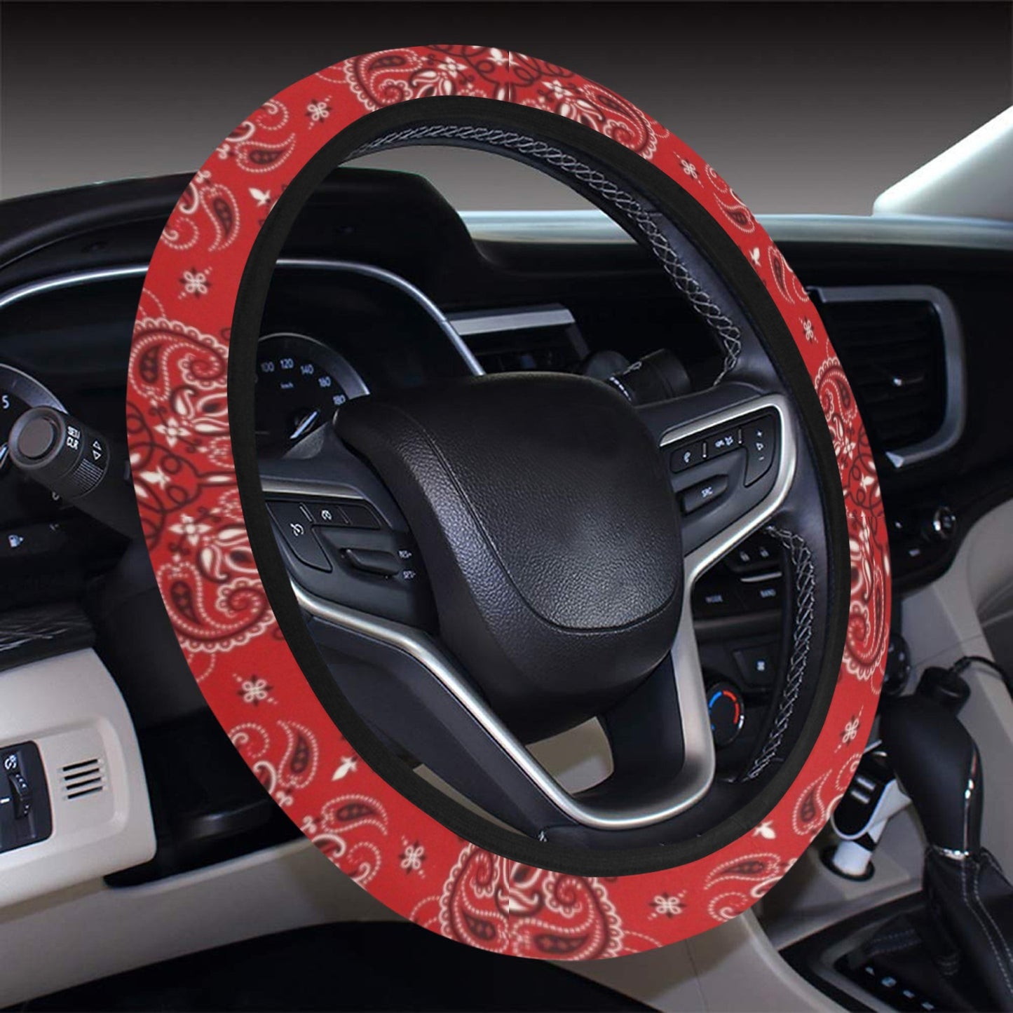 Bandana Red Pattern Print Design LKS3010 Steering Wheel Cover with Elastic Edge