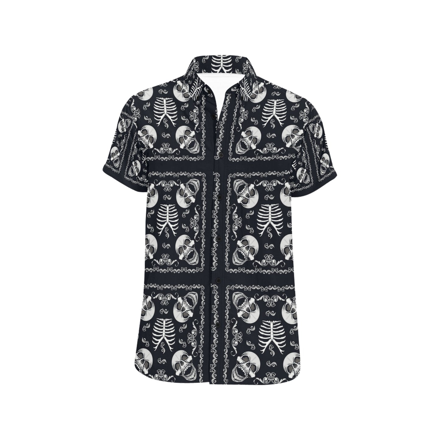 Bandana Skull Black White Print Design LKS306 Men Short Sleeve Button Up Shirt