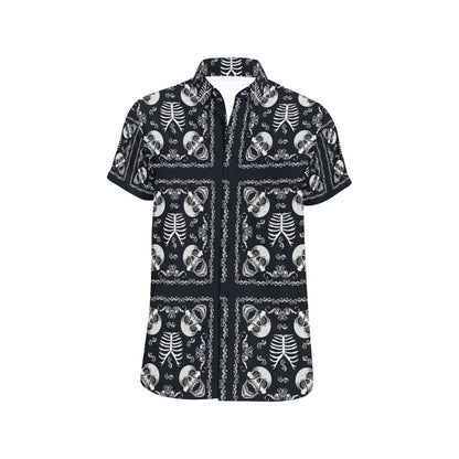Bandana Skull Black White Print Design LKS306 Men Short Sleeve Button Up Shirt